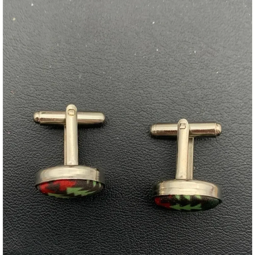 Silver Tone And Christmas Tree Fabric Wrapped Cuff Links